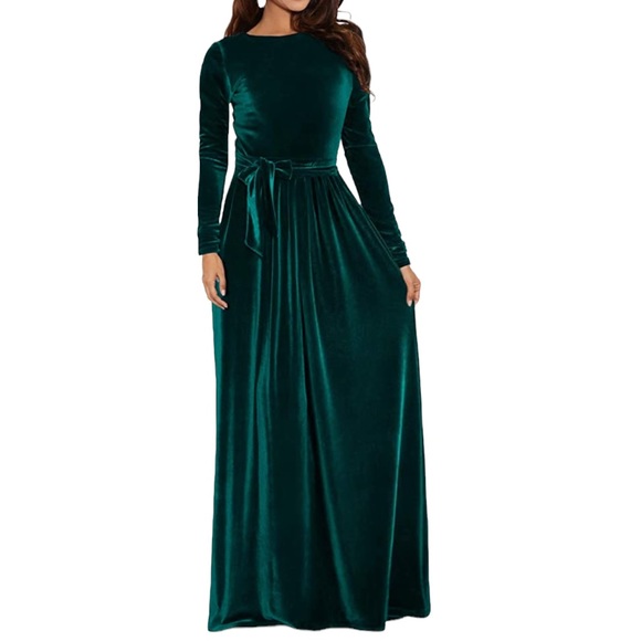 zacattas Dresses & Skirts - Zattcas XL Green Velvet Dress Long Sleeve Maxi Dress Modest